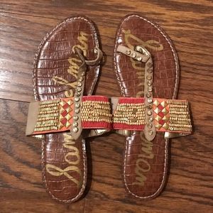 Sam Edelman Beaded Orange & Gold Slip-On Sandals, Size 9